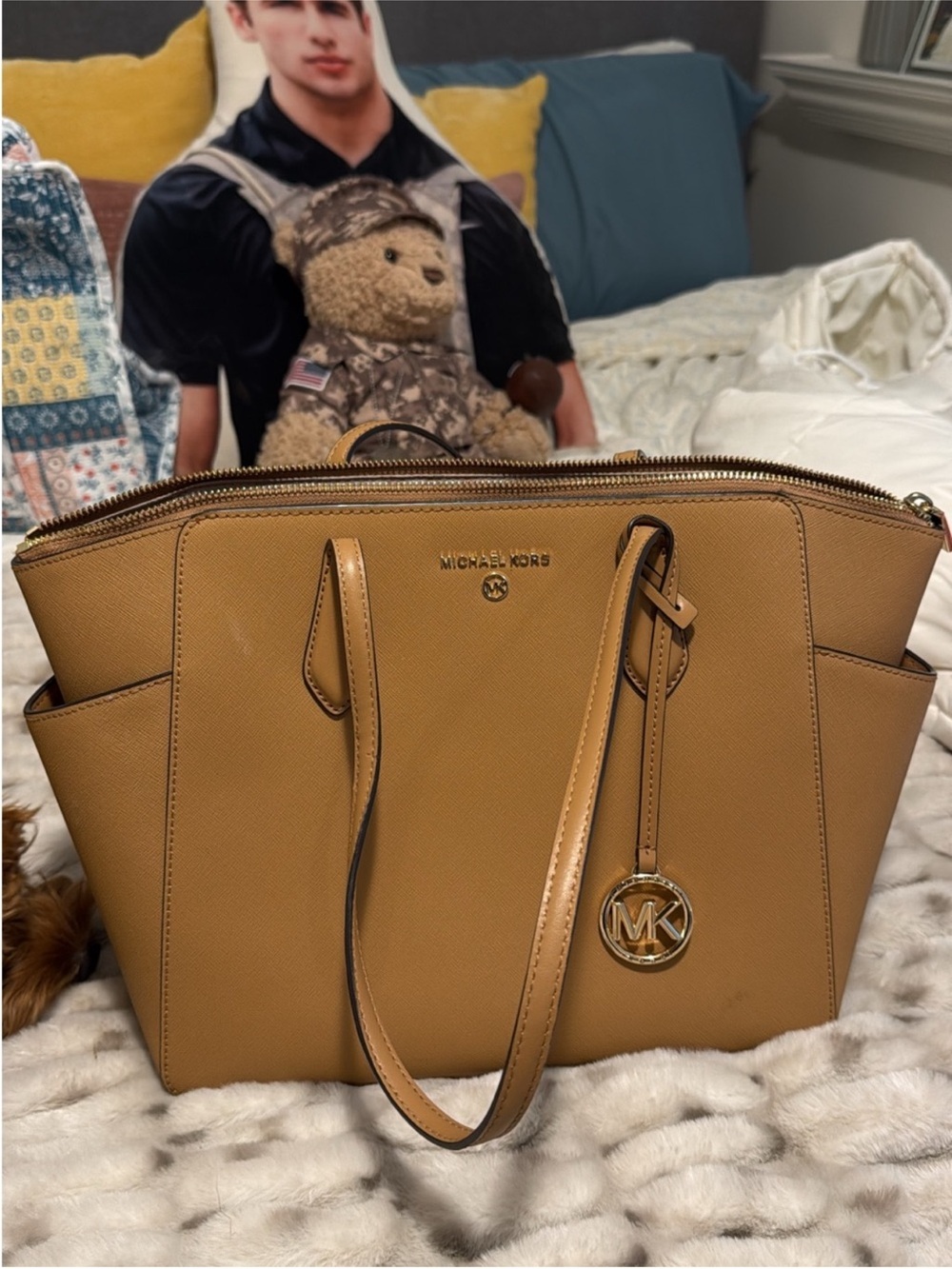 Michael Kors Camel Saffiano Leather Tote with MK Charm